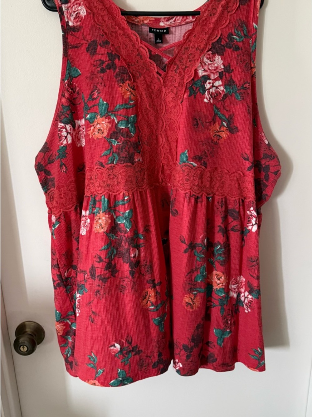 Torrid Red Floral Print Lace & Criss Cross Front Sleeveless Babydoll Blouse 5X
